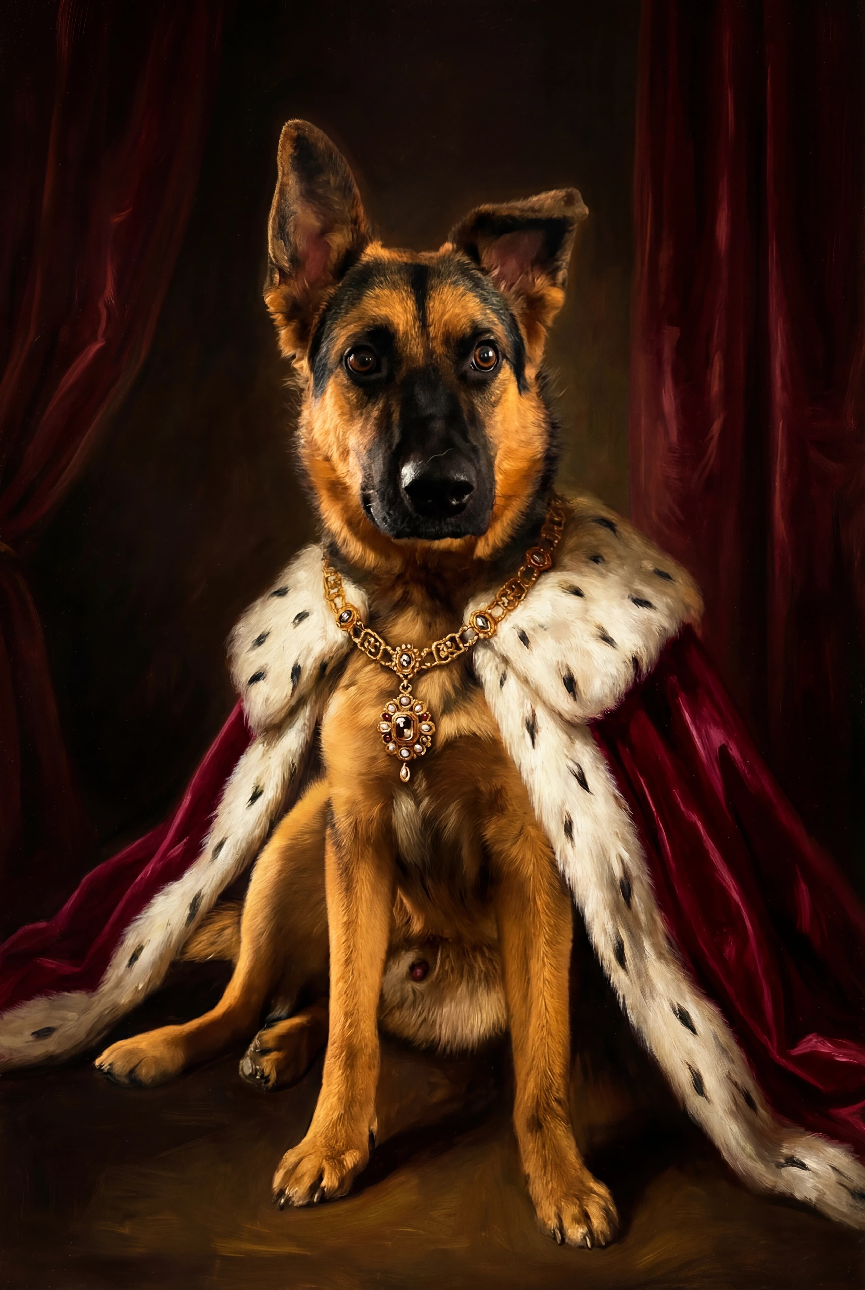 Schäferhund als klassisches Ölgemälde im königlichen Porträtstil