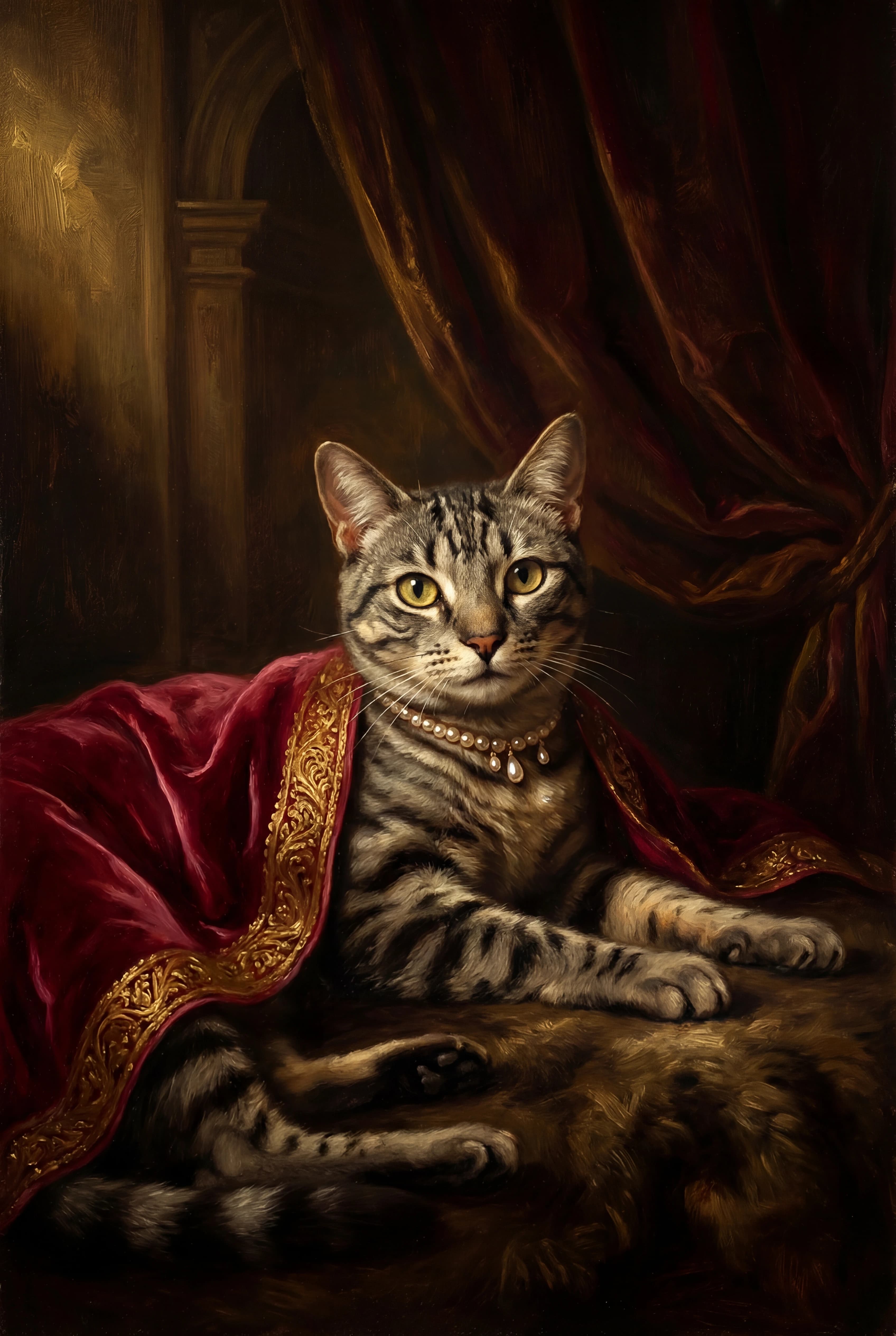 Getigerte Katze als klassisches Ölgemälde im Renaissance-Stil