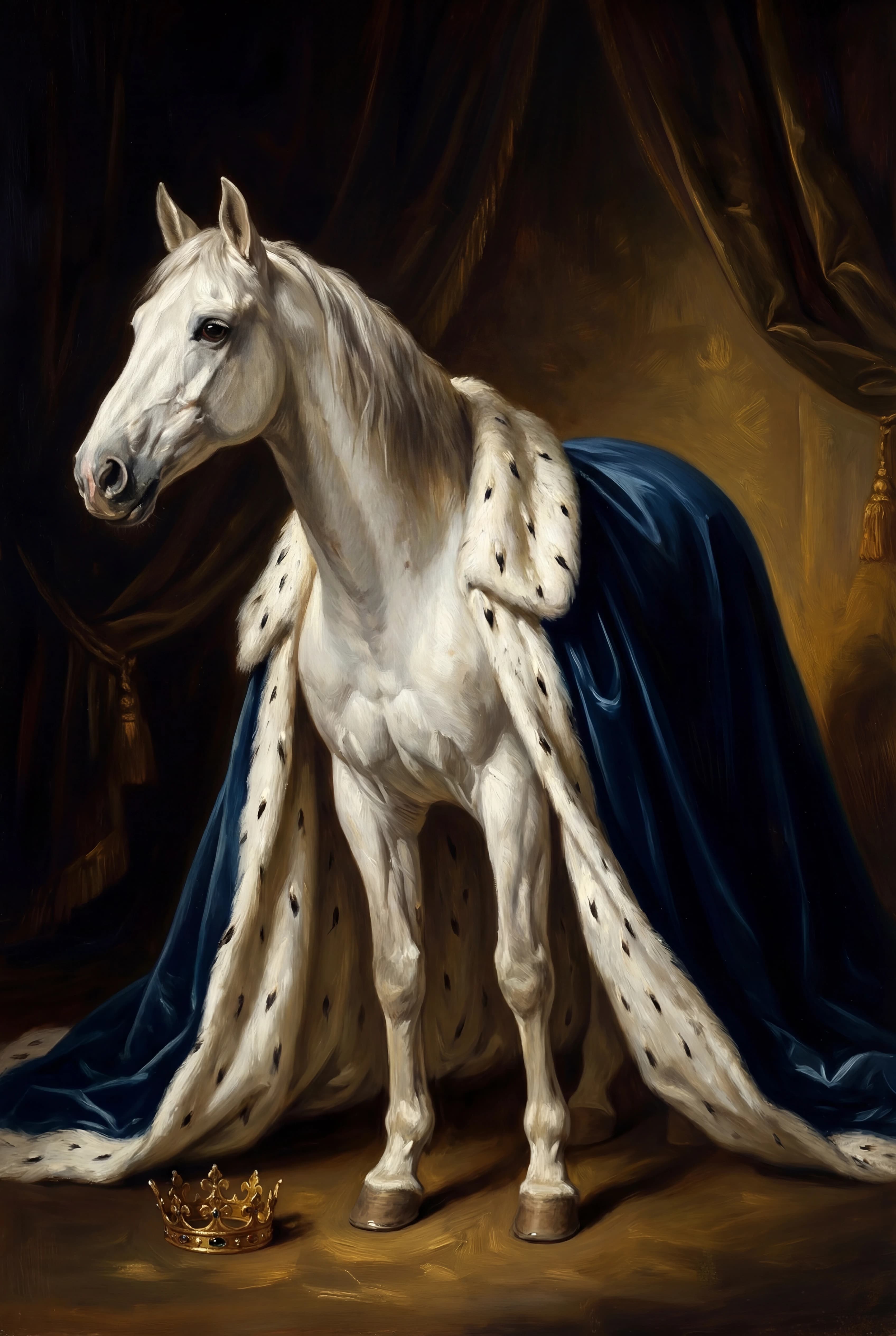 Weißes Pferd als klassisches Ölgemälde im barocken Porträtstil
